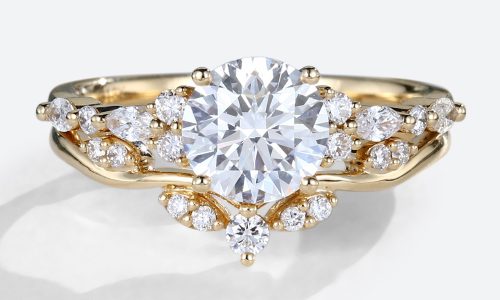 14K Gold Round Cut Lab Diamond Engagement Rings with Curved Wedding Ring Set (1)