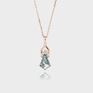 14K Rose Gold Kite Cut Moss Agate Necklace Fishtail Pendant