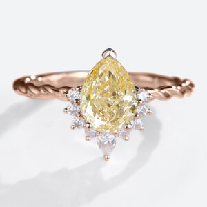 1ct Lab Yellow Diamond Ring Pear Shaped 3/4 Twisted 3-Prong Rings in Rose Gold
