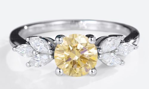 14K White Gold Round Cut Lab Yellow Diamond Rings Petal Side Stone Engagement Rings (1)