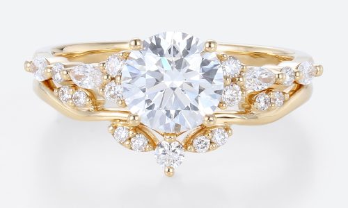 Round Lab Diamond Engagement Rings with Curved Wedding Ring Set