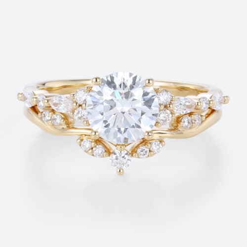 Round Lab Diamond Engagement Rings with Curved Wedding Ring Set