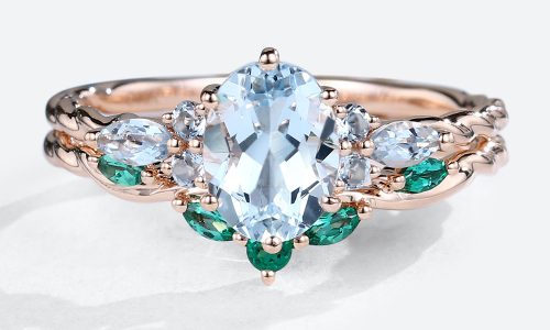 2PCS Rose Gold Oval Cut Aquamarine Engagement Ring with Curved Emerald Wedding Band Set (1)