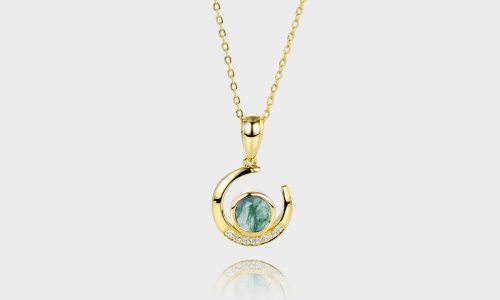 Crescent Bezel Pendant Necklace Round Cut Moss Agate Pendant Necklace (1)