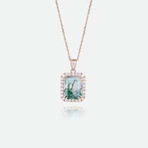 Emerald Cut Moss Agate Pendant Necklace Diamond Halo Accented Necklace