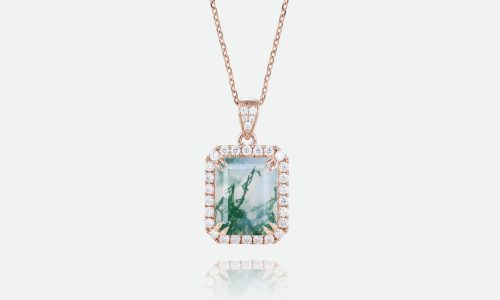 Emerald Cut Moss Agate Pendant Necklace Diamond Halo Accented Necklace