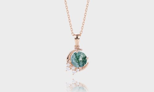 Globe Shape Round Cut Moss Agate Pendant Necklace Diamond Cluster Accented Necklace (1)