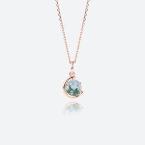 Lunar Crescent Pendant Necklace Round Cut Moss Agate Solitaire Necklace