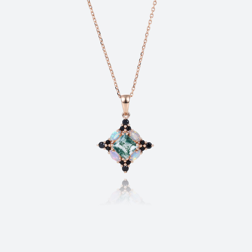 Multicolored Gems Pendant Necklace Princess Cut Moss Agate Cluster Necklace