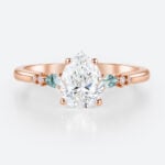 Rose Gold Engagement Rings 1.5ct Pear Cut Lab Diamond & Moss Agate Ring