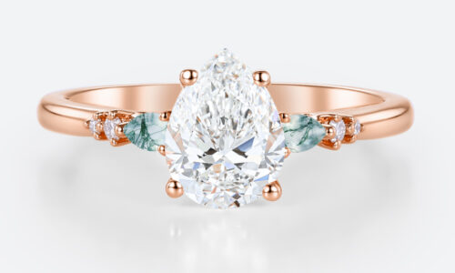Rose Gold Engagement Rings 1.5ct Pear Cut Lab Diamond & Moss Agate Ring