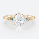 Yellow Gold Engagement Rings 1.5ct Pear Cut Lab Diamond & Moss Agate Ring