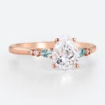 Rose Gold Engagement Rings 1.5ct Pear Cut Lab Diamond & Moss Agate Ring