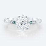 White Gold Engagement Rings 1.5ct Pear Cut Lab Diamond & Moss Agate Ring