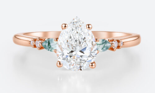Rose Gold Engagement Rings 1.5ct Pear Cut Lab Diamond & Moss Agate Ring