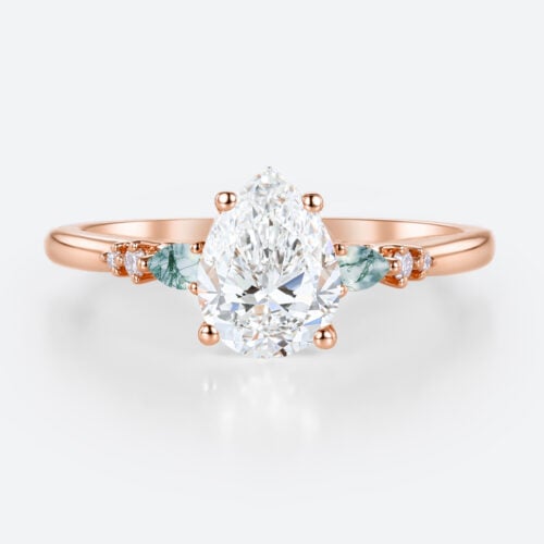 Rose Gold Engagement Rings 1.5ct Pear Cut Lab Diamond & Moss Agate Ring