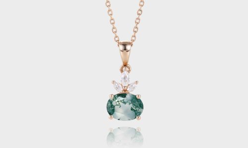 Rose Gold East-West Oval Cut Moss Agate Pendant Necklace Marquise Lab Diamond Necklace (1)