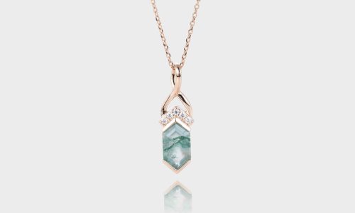 Rose Gold Hexagon Cut Moss Agate Necklace Fishtail Corner Prong Setting Pendant Necklace (1)