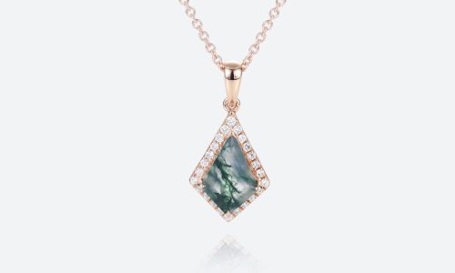 Rose Gold Kite Cut Moss Agate Pendant Necklace Diamond Halo Accented Necklace (1)