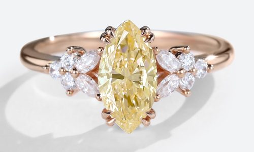 Rose Gold Marquise Cut Lab Yellow Diamond Engagement Ring Double Claw Petal Side Stone Wedding Band (1)