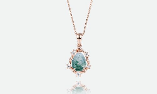 Rose Gold Pear Shaped Moss Agate Pendant Necklace Island Shaped Diamond Necklace (1)
