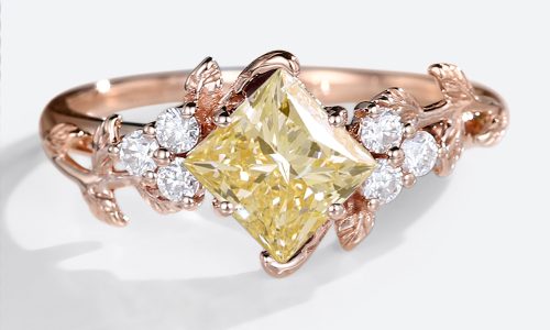 Rose Gold Princess Cut Lab Yellow Diamond Art Deco Engagement Rings Olive Leaves Wedding Band (1)