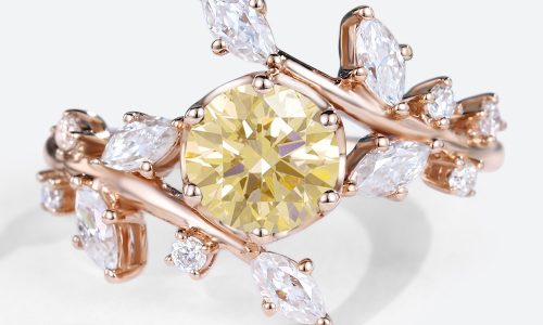 Rose Gold Round Cut Lab Yellow Diamond Unique Engagement Rings Twig Wedding Band (1)
