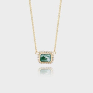 Yellow Gold Emerald Cut Moss Agate Halo Pendant Necklace Curb Chain Necklace