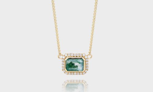 Solid Gold Emerald Cut Moss Agate Halo Pendant Necklace Curb Chain Necklace (1)