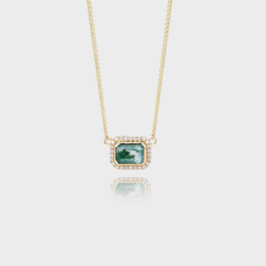 Solid Gold Emerald Cut Moss Agate Halo Pendant Necklace Curb Chain Necklace