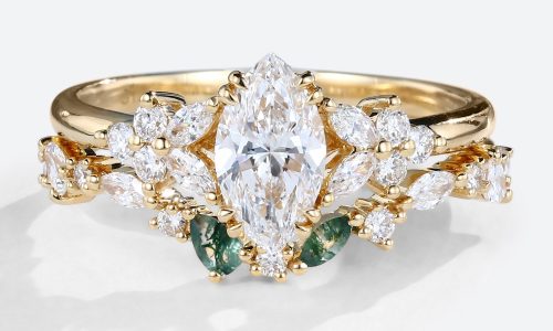 Solid Gold Marquise Cut Lab Diamond Engagement Ring Set Nature-inspired Ring Set (1)