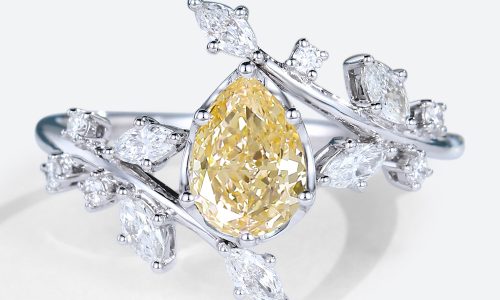 White Gold Pear Shaped Lab Yellow Diamond Ring Art Deco Leaf Engagement Rings (1)