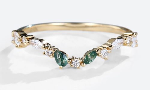 Yellow Gold Multi-shape Moss Agate & Diamond Rings Curved Stackable Wedding Band (1)