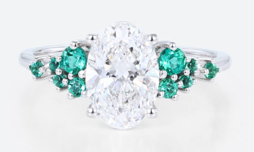 1.5ct Oval Cut Lab Diamond Engagement Ring with Lab Emerald Side Stone Ring in White Gold