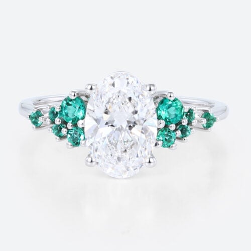 1.5ct Oval Cut Lab Diamond Engagement Ring with Lab Emerald Side Stone Ring in White Gold