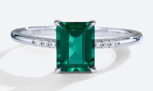 14K White Gold Emerald Cut Lab Emerald Pave Engagement Rings (1)