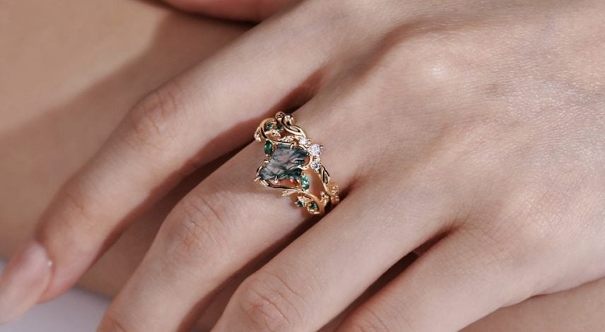 14K Yellow Gold Bridal Band Set Kite Cut Moss Agate Engagement Ring with Round Diamond Curved Wedding Band (4) 14K Yellow Gold Bridal Band Set Kite Cut Moss Agate Engagement Ring with Round Diamond Curved Wedding Band (4)