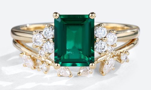 2PCS Yellow Gold Emerald Cut Lab Emerald Engagement Rings With Open Curved Wedding Band Set (1)