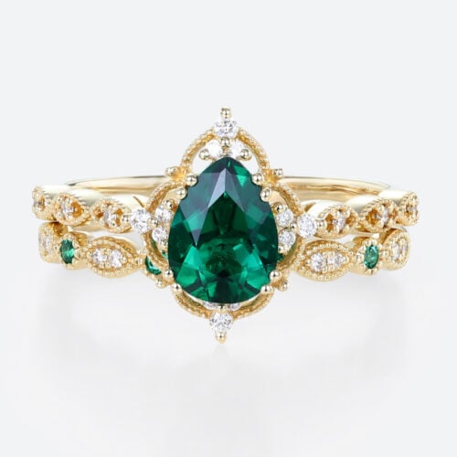 2PCS Yellow Gold Pear Shaped Lab Emerald Engagement Ring Vintage Bridal Ring Set