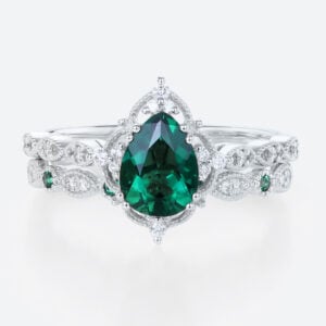 2PCS White Gold Pear Shaped Lab Emerald Engagement Ring Vintage Bridal Ring Set