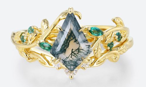 14K Yellow Gold Kite Cut Moss Agate Ring Set Nature-inspired Bridal Set