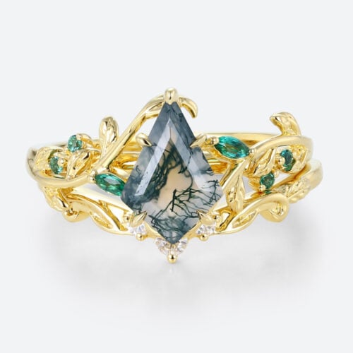 14K Yellow Gold Kite Cut Moss Agate Ring Set Nature-inspired Bridal Set