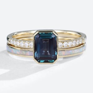 Emerald Cut Alexandrite Rings Set with Opal Simple Wedding Band