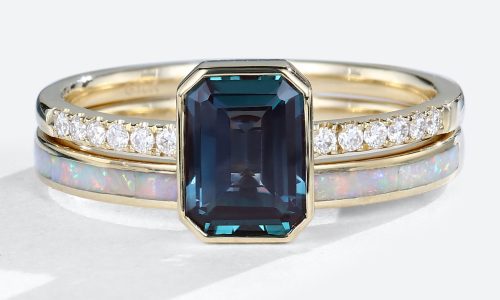 Emerald Cut Alexandrite Rings Set with Opal Simple Wedding Band