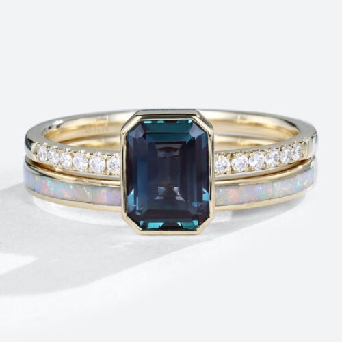 Yellow Gold Emerald Cut Half Pave Bezel Lab Alexandrite Ring With Opal Simple Wedding Band Set