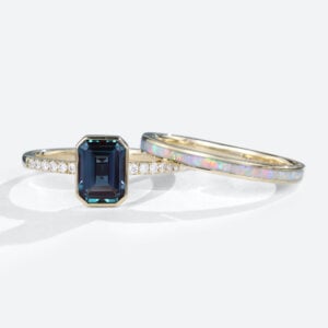 Emerald Cut Alexandrite Rings Set with Opal Simple Wedding Band