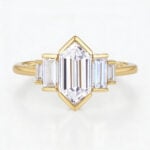 Solid Gold Elongated-Hexagon Cut Lab Diamond Rings Baguette Accented Engagement Ring