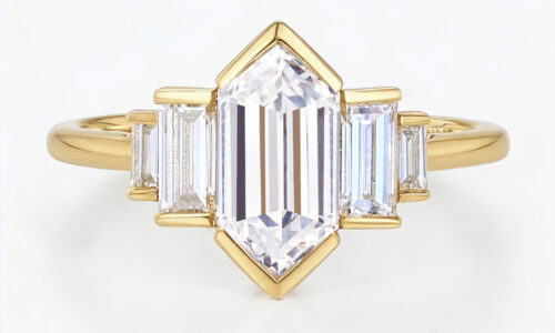 Solid Gold Elongated-Hexagon Cut Lab Diamond Rings Baguette Accented Engagement Ring