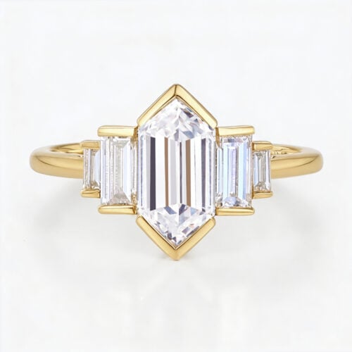 Solid Gold Elongated-Hexagon Cut Lab Diamond Rings Baguette Accented Engagement Ring