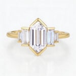 Solid Gold Elongated-Hexagon Cut Lab Diamond Rings Baguette Accented Engagement Ring